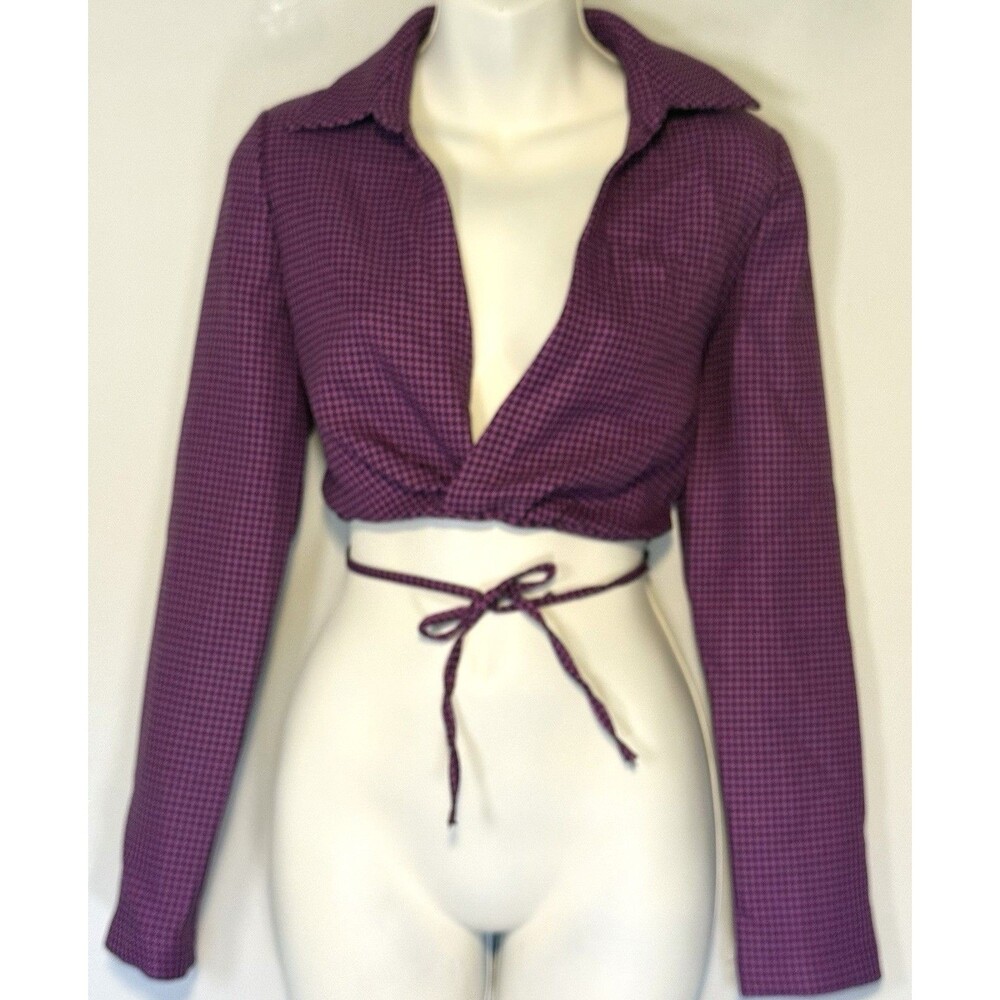 NWT Zara Houndstooth Pink & Black Crop Polo Long Sleeve Deep V-Neck